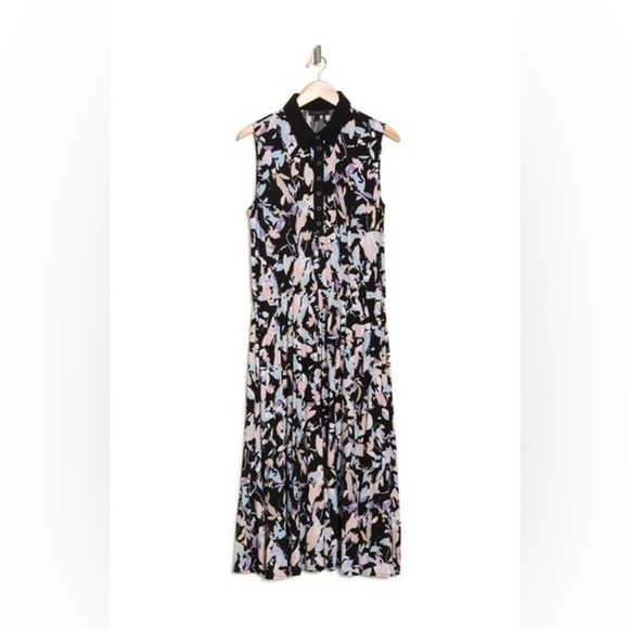 DONNA KARAN SNAP BUTTON FLORAL SLEEVELESS MIDI DRESS IN BLACK/ PINK SIZE LARGE - Picture 3 of 10